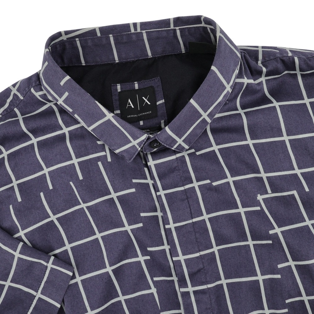 Armani Exchange Shirt Purple White Grid Short Sleeve Fitted Mens Large Fits Slim